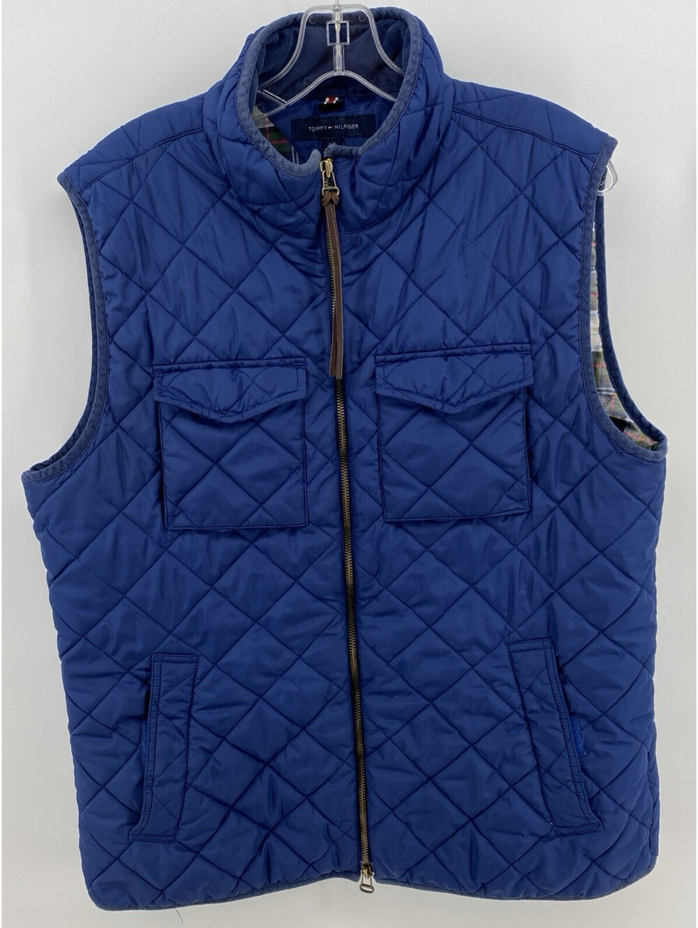Tommy Hilfiger Quilted Vest Size L Navy Blue Gold Zip Plaid Lining